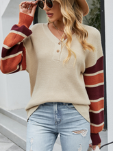 Load image into Gallery viewer, Women&#39;s V-Neck Sweater with Striped Balloon Sleeves and Buttons S-L - Wazzi&#39;s Wear
