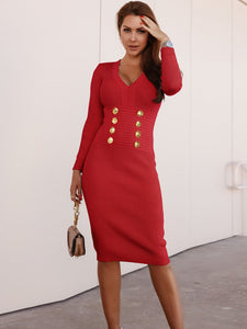 Women’s V-Neck Long Sleeve Dress with Buttons in 5 Colors S-XXL - Wazzi's Wear