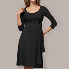 Load image into Gallery viewer, Women’s Black A-Line Three Quarter Sleeve Maternity Dress with Scoop Neck and Waist Tie S-XXL - Wazzi&#39;s Wear