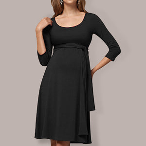 Women’s Black A-Line Three Quarter Sleeve Maternity Dress with Scoop Neck and Waist Tie S-XXL - Wazzi's Wear