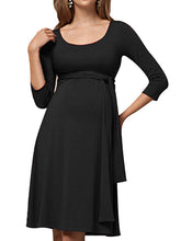 Load image into Gallery viewer, Women’s Black A-Line Three Quarter Sleeve Maternity Dress with Scoop Neck and Waist Tie S-XXL - Wazzi&#39;s Wear
