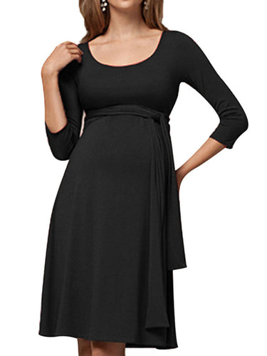 Women’s Black A-Line Three Quarter Sleeve Maternity Dress with Scoop Neck and Waist Tie S-XXL