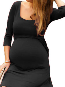 Women’s Black A-Line Three Quarter Sleeve Maternity Dress with Scoop Neck and Waist Tie S-XXL - Wazzi's Wear
