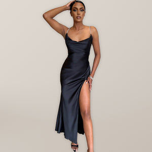 Women’s Black V-Neck Sleeveless Party Dress with Side Slit S-XL - Wazzi's Wear