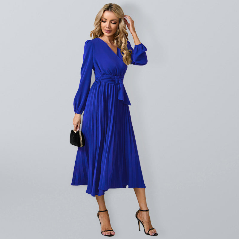Women’s V-Neck Long Sleeve Dress with Pleated Skirt in 4 Colors S-XXL - Wazzi's Wear