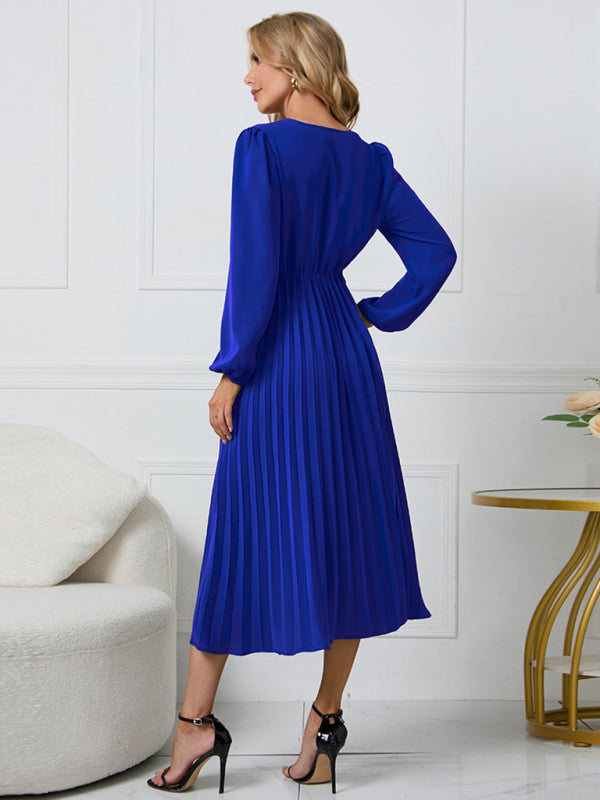 Women’s V-Neck Long Sleeve Dress with Pleated Skirt in 4 Colors S-XXL - Wazzi's Wear