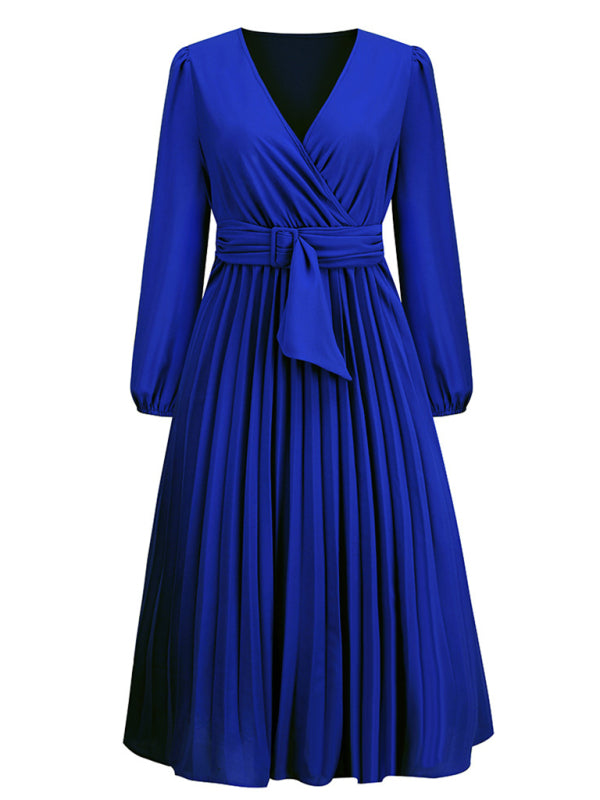 Women’s V-Neck Long Sleeve Dress with Pleated Skirt in 4 Colors S-XXL - Wazzi's Wear