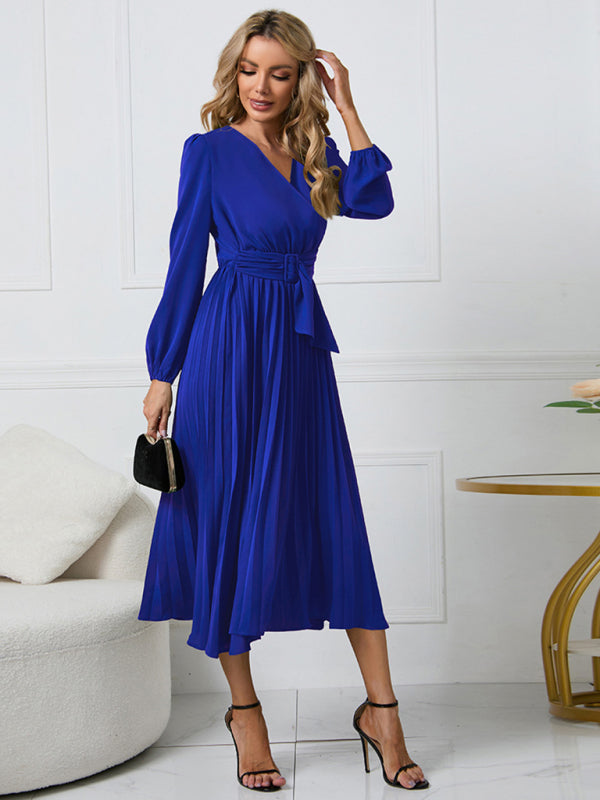 Women’s V-Neck Long Sleeve Dress with Pleated Skirt in 4 Colors S-XXL - Wazzi's Wear