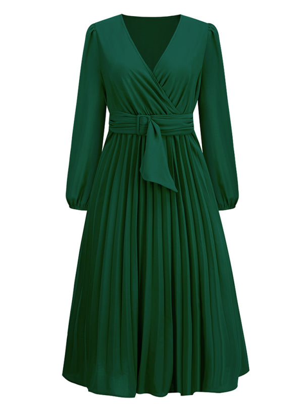 Women’s V-Neck Long Sleeve Dress with Pleated Skirt in 4 Colors S-XXL - Wazzi's Wear