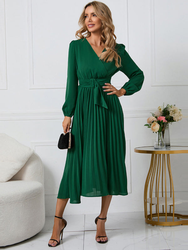 Women’s V-Neck Long Sleeve Dress with Pleated Skirt in 4 Colors S-XXL - Wazzi's Wear