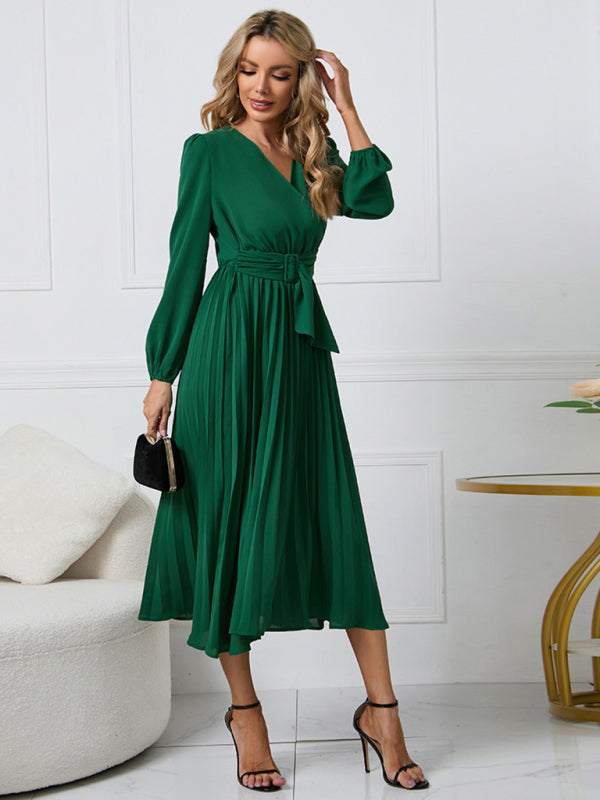 Women’s V-Neck Long Sleeve Dress with Pleated Skirt in 4 Colors S-XXL - Wazzi's Wear