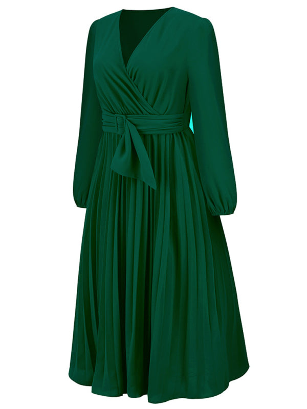 Women’s V-Neck Long Sleeve Dress with Pleated Skirt in 4 Colors S-XXL - Wazzi's Wear