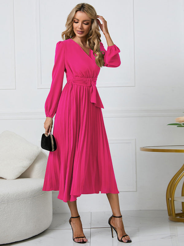 Women’s V-Neck Long Sleeve Dress with Pleated Skirt in 4 Colors S-XXL - Wazzi's Wear