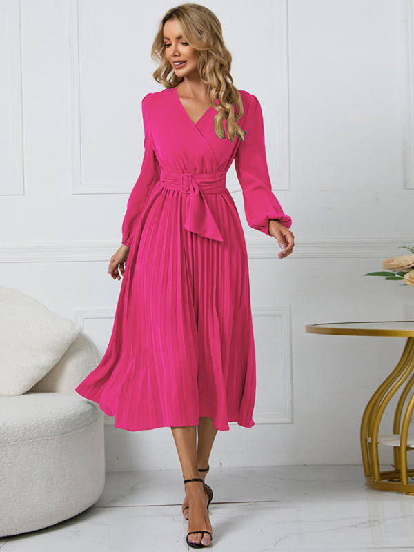 Women’s V-Neck Long Sleeve Dress with Pleated Skirt in 4 Colors S-XXL - Wazzi's Wear