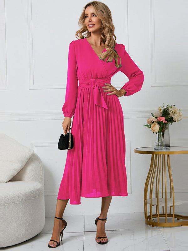 Women’s V-Neck Long Sleeve Dress with Pleated Skirt in 4 Colors S-XXL - Wazzi's Wear