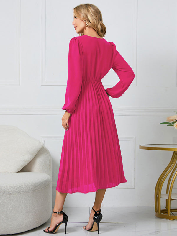 Women’s V-Neck Long Sleeve Dress with Pleated Skirt in 4 Colors S-XXL - Wazzi's Wear