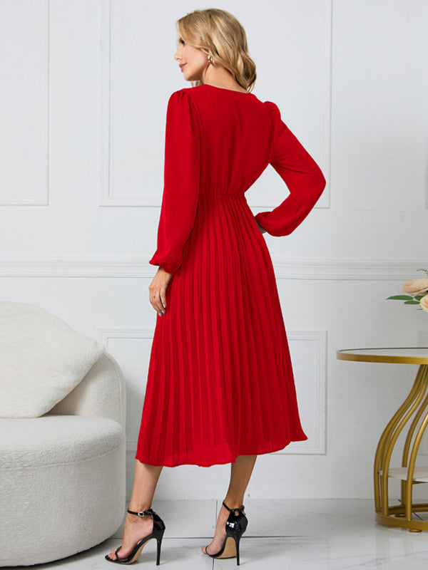 Women’s V-Neck Long Sleeve Dress with Pleated Skirt in 4 Colors S-XXL - Wazzi's Wear