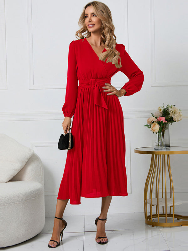 Women’s V-Neck Long Sleeve Dress with Pleated Skirt in 4 Colors S-XXL - Wazzi's Wear