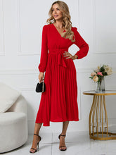 Load image into Gallery viewer, Women’s V-Neck Long Sleeve Dress with Pleated Skirt in 4 Colors S-XXL - Wazzi&#39;s Wear