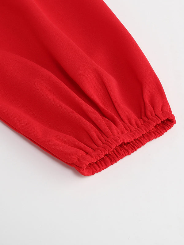 Women’s V-Neck Long Sleeve Dress with Pleated Skirt in 4 Colors S-XXL - Wazzi's Wear