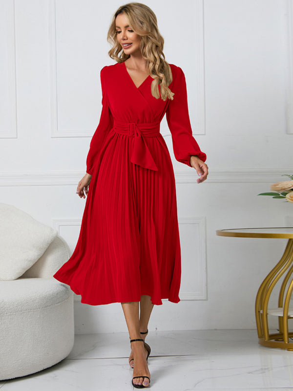 Women’s V-Neck Long Sleeve Dress with Pleated Skirt in 4 Colors S-XXL - Wazzi's Wear