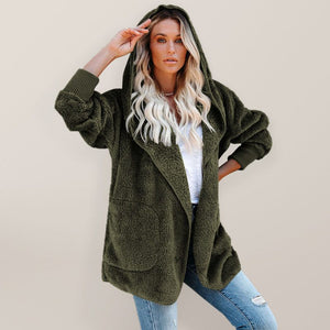 Women’s Open Front Sherpa Hoodie With Side Pockets in 5 Colors S-XXL - Wazzi's Wear