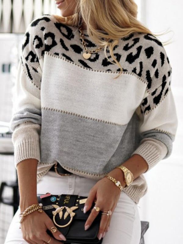 Women’s Crew Neck Colorblock Leopard Print Sweater in 2 Colors Sizes S-XXXL - Wazzi's Wear