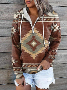 Women’s Ethnic Print Hooded Pullover Top with Long Sleeves and Kangaroo Pocket in 11 Colors S-5XL