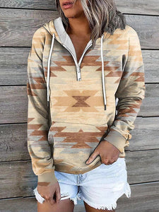 Women’s Ethnic Print Hooded Pullover Top with Long Sleeves and Kangaroo Pocket in 11 Colors S-5XL