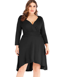Women’s Plus Size V-Neck Long Sleeve A-Line Dress with High Low Hem in 3 Colors L-5XL