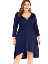 Load image into Gallery viewer, Women’s Plus Size V-Neck Long Sleeve A-Line Dress with High Low Hem in 3 Colors L-5XL