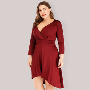 Women’s Plus Size V-Neck Long Sleeve A-Line Dress with High Low Hem in 3 Colors L-5XL
