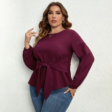 Load image into Gallery viewer, Women’ Plus Size Round Neck Long Sleeve Purple Top with Waist Tie XL-4XL