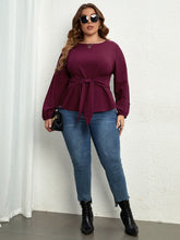 Load image into Gallery viewer, Women’ Plus Size Round Neck Long Sleeve Purple Top with Waist Tie XL-4XL