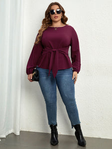 Women’ Plus Size Round Neck Long Sleeve Purple Top with Waist Tie XL-4XL