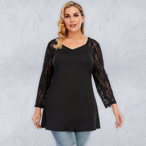 Women’s Plus Size Black Lace Sleeve V-Neck Top L-4XL
