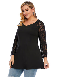 Women’s Plus Size Black Lace Sleeve V-Neck Top L-4XL - Wazzi's Wear