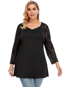 Women’s Plus Size Black Lace Sleeve V-Neck Top L-4XL - Wazzi's Wear
