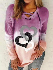 Women’s V-Neck Long Sleeve Top with Hearts and Drawstring in 3 Colors S-XXL - Wazzi's Wear