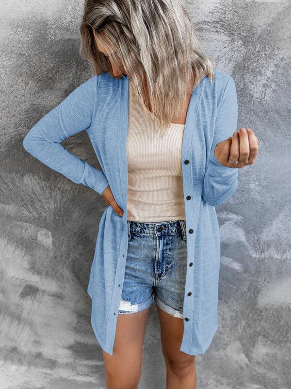 Solid Long Sleeve Button Front Lightweight Cardigan