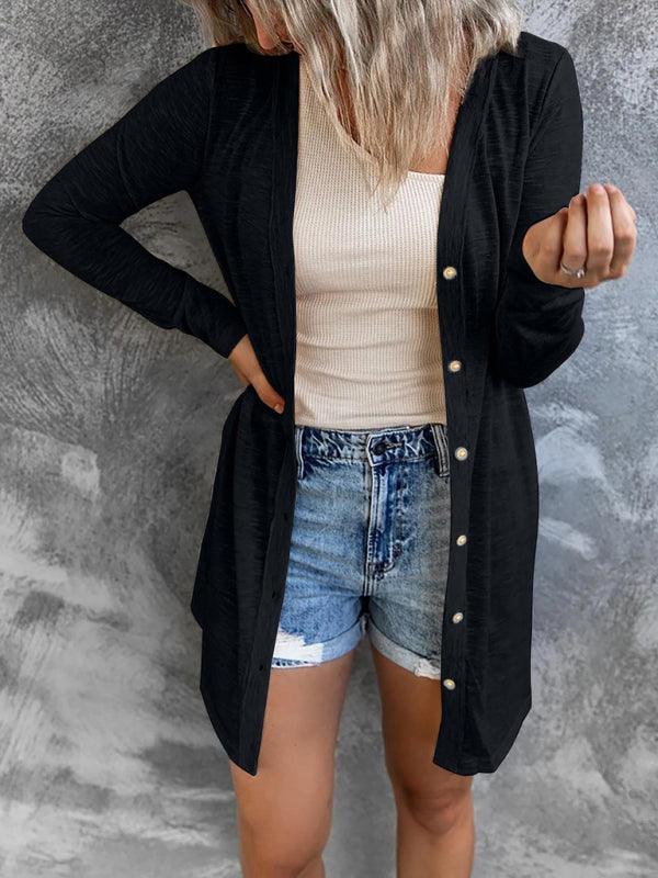 Solid Long Sleeve Button Front Lightweight Cardigan