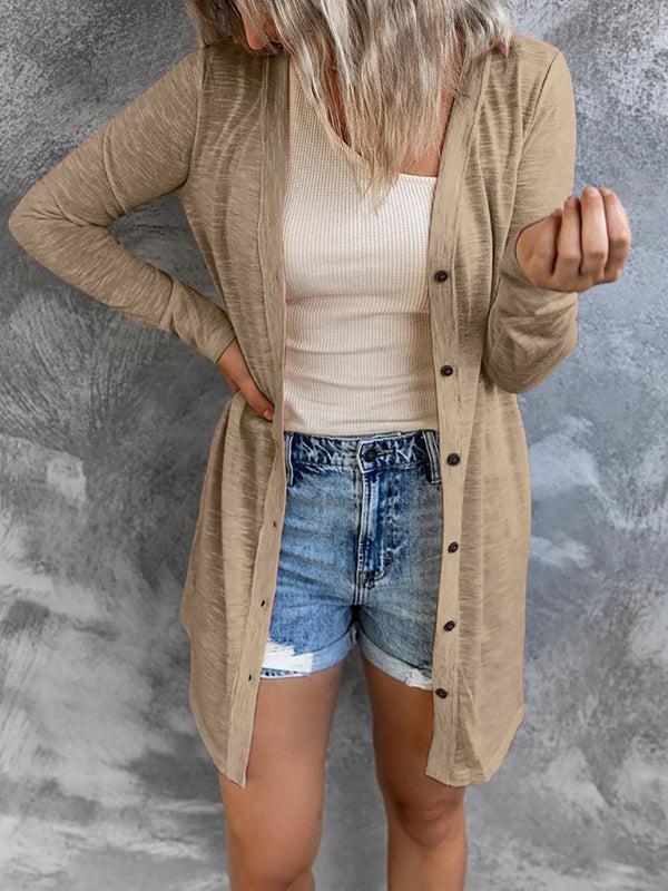 Solid Long Sleeve Button Front Lightweight Cardigan