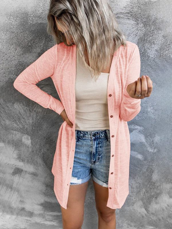 Solid Long Sleeve Button Front Lightweight Cardigan