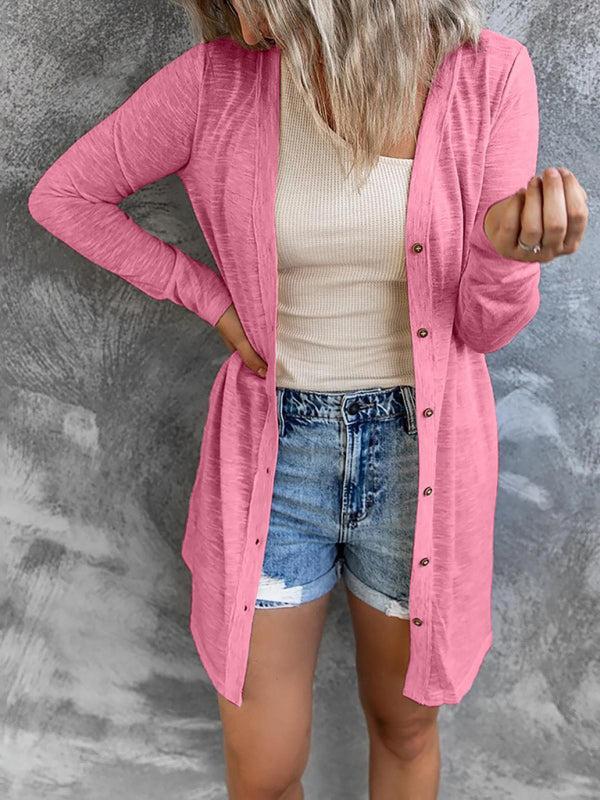 Solid Long Sleeve Button Front Lightweight Cardigan