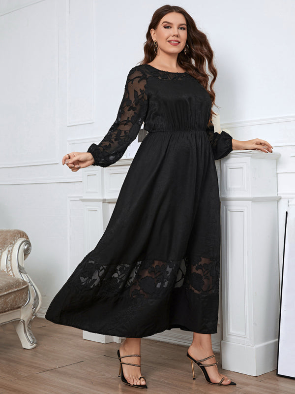 Women’s Black Plus Size Long Sleeve Maxi Dress with Lace Detail XL-4XL - Wazzi's Wear