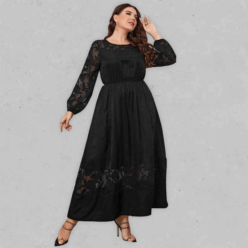 Women’s Black Plus Size Long Sleeve Maxi Dress with Lace Detail XL-4XL