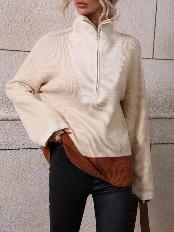 Women’s Relaxed Colorblocked Zip Sweater Pullover Top - Wazzi's Wear