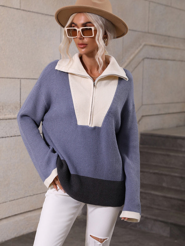Women’s Relaxed Colorblocked Zip Sweater Pullover Top - Wazzi's Wear