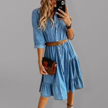 Load image into Gallery viewer, Women&#39;s Belted Long Sleeve Ruffled Denim Dress Sizes S-XXL