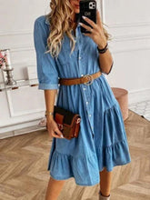 Load image into Gallery viewer, Women&#39;s Belted Long Sleeve Ruffled Denim Dress Sizes S-XXL